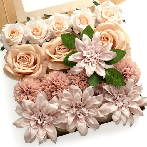 Mocoosy Gemischte Kunstblumen, Verschiedene Künstliche Seidenblumen mit Dahlien Rosen mit Stiel für DIY Basteln Hochzeitssträuße, Tafelaufsätze, Kuchenblumen, Arrangements, Party Heim Dekorationen