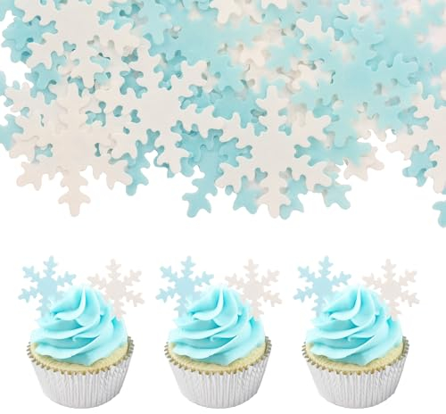 50Pcs White and Blue Edible Snowflake Cupcake Toppers Snowflakes Cake Topper Decorations for Christmas Winter Holiday Frozen Theme Babyshower Birthday Wedding Party Supplies