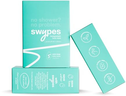 Swypes | 15 Large Individually Wrapped 100% Biodegradable Dual Sided No Rinse Body Wipes for Face & Body | Vitamin-E Infused | For Sports Gym Wipes Travel Camping Festival