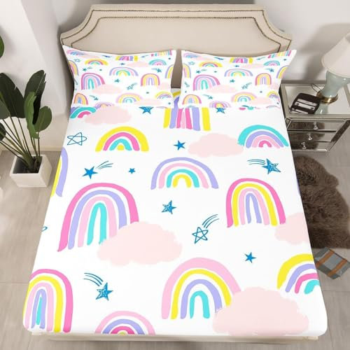 Regenbogen Spannbettlaken 120x200 cm, Mikrofaser Bettlaken für Kinder, 3D Mädchen Bettlaken Spannbetttuch 120 x 200 für Matratze bis 30 cm Höhe Mit 1 x Kissenbezügen D1950