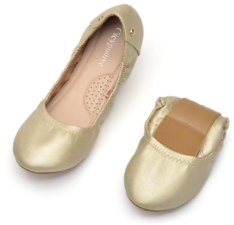 Rojeam Womens Flats Shoes Fold Up Pumps Ballet Flat Slip-on Ballerina Pumps Shoes Ladies Loafers (Gold, Size 4.5)