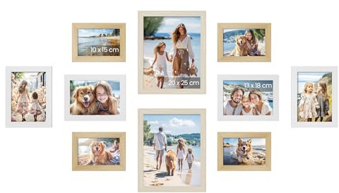SONGMICS Cadres Photo, Lot de 10, Deux 20 x 25 cm, Quatre 13 x 18 cm, Quatre 10 x 15 cm, MDF, Protection en Plastique, MDF, Couleur Chêne Naturel, Blanc Nuage, Beige Naturel RPF310K02
