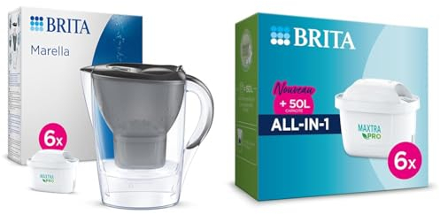 Carafe Filtrante BRITA Marella Graphite (2,4l) incl 6 cartouches filtre eau robinet & Cartouche Filtre Eau Robinet MAXTRA PRO All-in-1 - Pack de 6 pour recharge carafe filtrante réduit PFAS*