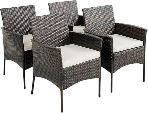 COSTWAY Set of 4 Rattan Garden Chairs, All-Weather PE Wicker Outdoor Dining Chairs with Removable Cushions & Armrests, Metal Frame Patio Armchairs for Yard Balcony Poolside, 180kg Load Capacity