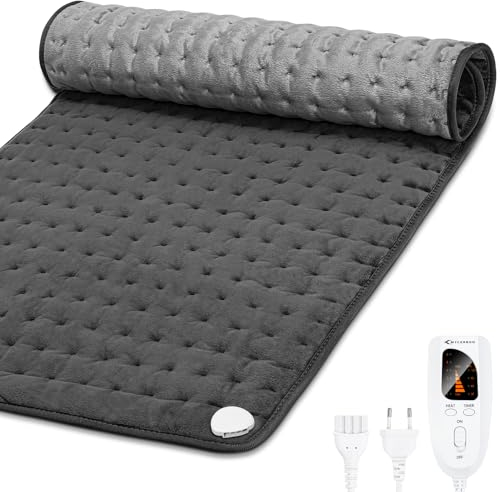MYCARBON Heizkissen Rücken 92x50cm Wärmekissen mit 6 Heizstufen 4 Timerstufen waschbar Heizdecke mit Abschaltautomatik für Schulter Nacken Bauch Silbergrau