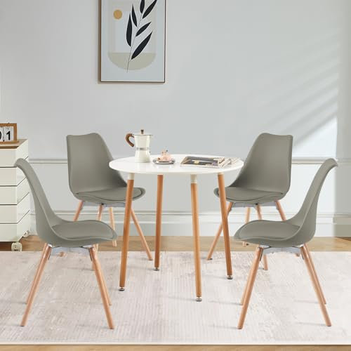 FURNITABLE Esszimmergruppe Esstisch mit 4 Stühlen, Runder Küchentisch-Set und Esszimmerstühle Essgruppe für Küche Esszimmer Wohnzimmer (Weiß Tisch+4 Grau Stühl)