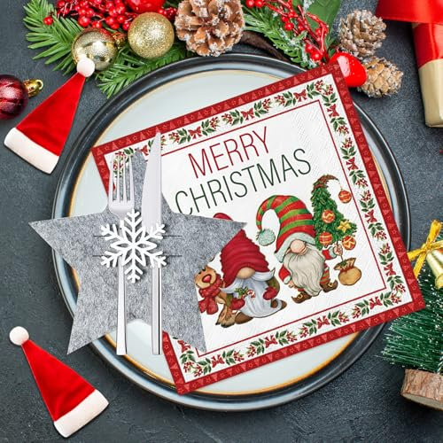 12Stück Besteckhalter Weihnachten Filz Stern Grau + 20Stück Weihnachten Servietten Weihnachten Elfen Zwerge, Tischdeko Weihnachten, Weihnachtsbaum Bestecktaschen für Weihnachtstischdekoration Party