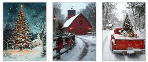 JOSUE 3-teiliges Set Rot, weiß Wandbild Zu Weihnachten GroßEs Xxl Leinwandbild, Winterliche Schneelandschaft GemäLde Wandbilder Wohnzimmer Bilder Wanddeko Poster Set-50x70cmx3 Ungerahmt