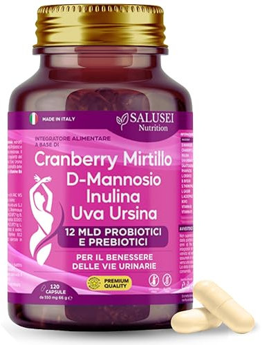 SALUSEI 120 Capsule Integratore D Mannosio Cistite, Probiotici Donna, Cranberry, Mirtillo Rosso Viee Urinarie, Probiotico per Disbiosi, Prebiotici, Uva Ursina, Inulina, Candia Support, D-Mannosio