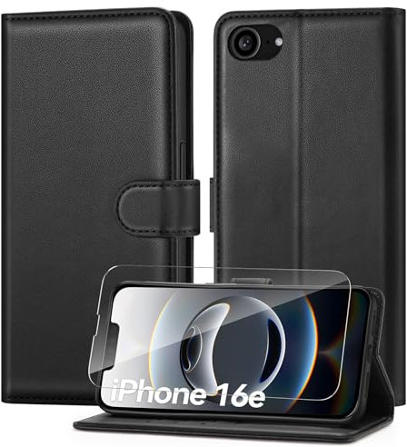 ivencase Compatible with iPhone 16e Case (2025) with 1 Screen Protector, [RFID Blocking] PU Leather Flip Wallet Phone Case with Card Slots Stand Magnetic Cover for iPhone 16e Case 6.1 - Black