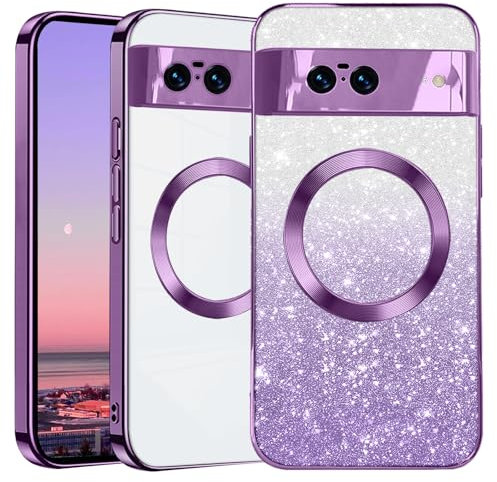 Kainevy for Google Pixel 8 Case Clear Glitter Cute Girly for MagSafe with Camera Lens Protector, for Google Pixel 8 Phone Case Slim Silicone Magnetic Bling Shockproof Protective Cover (Purple)