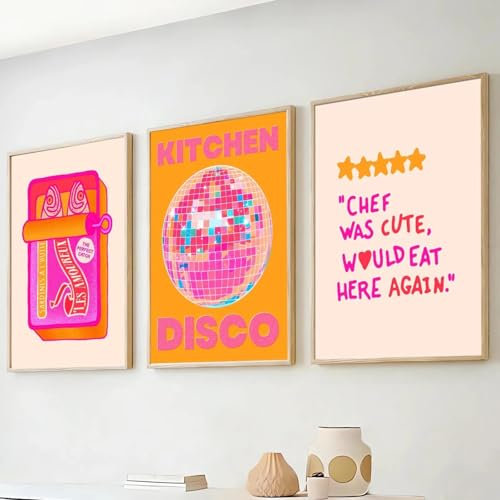 3 Stück Sardinenpaare Romantisches Trendy Poster Retro Discokugel Barwagen Kunst Funky Gemälde Leinwanddruck Maximalistisches Wandbild 20x30cm (8x12in) x3 Rahmenlos