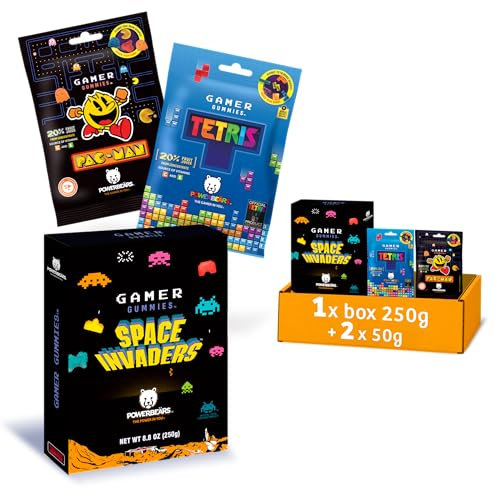 Powerbeärs Gamer Gummies | 3er-Set SPACE INVADERS Gift Box 250g und PAC-MAN + TETRIS 2x50g | Gummibärchen mit 20% Fruchtsaft in Videospiel-Formen | Retro Snack für Gaming-Fans & Nostalgie-Liebhaber