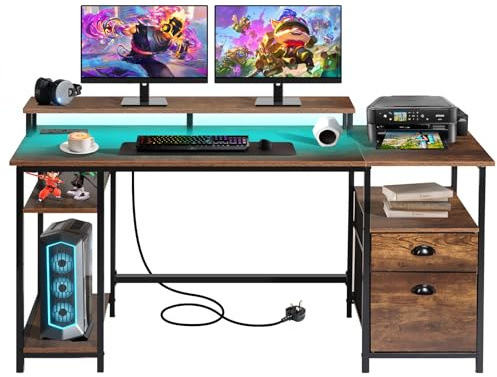Panana Computer Desk with Power Outlets LED, Gaming Desk Home Office Desk with Monitor Stand & 2 Drawers, Large Storage Bookshelf Workstation, 156x48cm, Vintage Brown