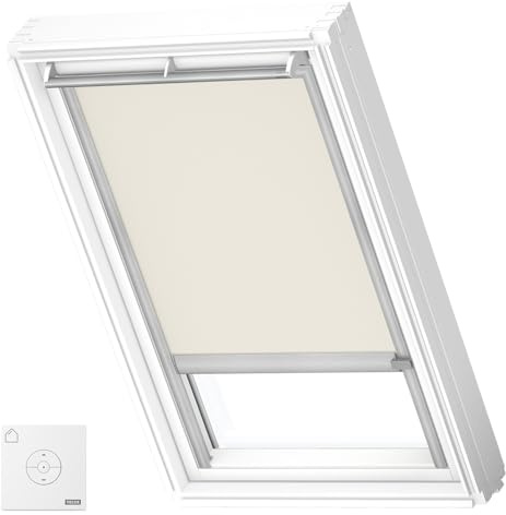 VELUX Solar Verdunkelungsrollo, graue Schienen, P08, Hellbeige | Solarbetrieb, Fernbedienung, stufenlose Anpassung
