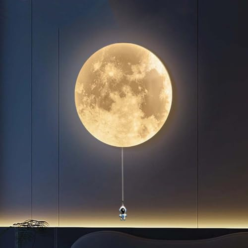 AoLa LED Mond Wandleuchte Akku Innen Kinderzimmer Wandlampe mit Schalter Modern Runde Mond Design Deko Lampe mit Astronaut 3000K Warmes Weiß Kinder Nachtlicht Mondlampe für Schlafzimmer Flur