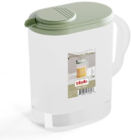Tribello 1-Gallon Slim Plastic Pitcher with Lid – Clear Water Jug with Pivot-Top Spout, Iced Tea Pitcher for Fridge, Dishwasher/Freezer Safe, BPA & Phthalate Free – Sage Green