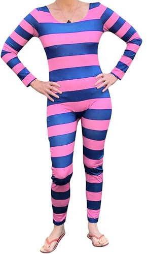 Cusghjbsg Costume da donna per Halloween, costume cosplay a maniche lunghe con stampa a righe a contrasto di colore, tuta aderente per giochi di ruolo, pagliaccetto