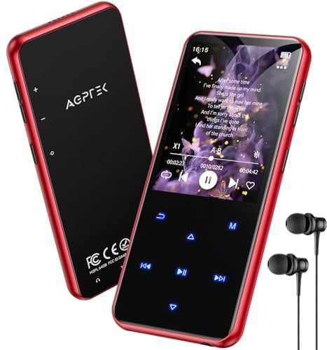 AGPTEK 64GB MP3 Player Bluetooth 5.3 mit 2,4 TFT Farbbildschirm, HiFi Musik Kinder MP3 Player mit Lautsprecher, Touch-Tasten, FM-Radio, E-Book, Aufnahme, Unterstützung bis zu 128 GB, Rot