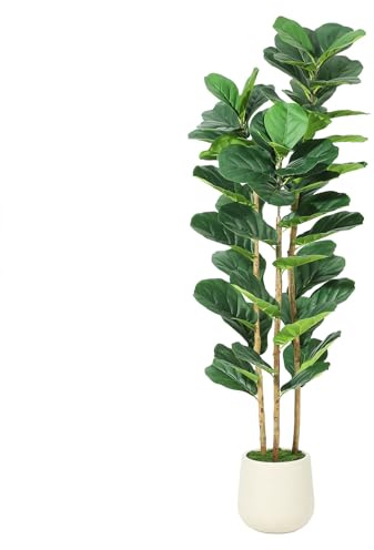 Artificial Fiddle Leaf Fig Tree with White Planter, 5ft Tall Fake Plant with Natural Wood Trunk, Faux Ficus Tree Potted Moss for Home Office Living Room Decor