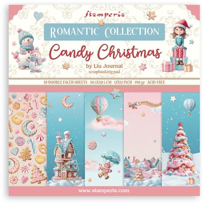 Stamperia - Scrapbook Paper Pad for Scrapbooking, Albums, Card Making, Bullet Journalling and More, Acid Free, Double-Sided, Perfect for Hobbies, Crafts, and Gifting (Candy Christmas) (30.5 x 30.5cm)