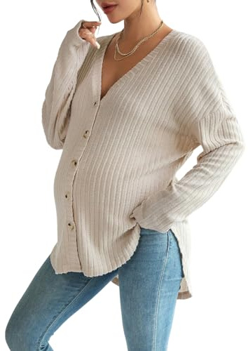 COZYEASE Women's Maternity Tops Long Sleeve Ribbed Knit Button Down Shirts Drop Shoulder V Neck Fall Clothes Pure Apricot Medium