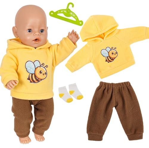 Baby Puppen Puppenkleidung 35-43 cm, 4 Stück Kleidung für 14-18 Zoll Baby Puppen, 1 Biene Hoodie 1 Braun Hose 1 Paar Socken 1 Hänger Süße Cartoon Puppenkleidung Geschenke für Kinder Mädchen Jungen