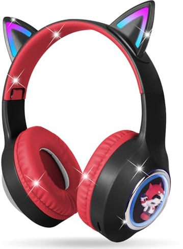 AXFEE Kopfhörer Kinder, Bluetooth Kinderkopfhörer Mit Katzenohren(Schwarz) | Bluetooth 5.3 Over-Ear Kopfhörer mit LED-Leuchten, Kabellos/Verkabelt, 99DB, Faltbarer Kinder Kopfhörer für PC,Handy,Studium