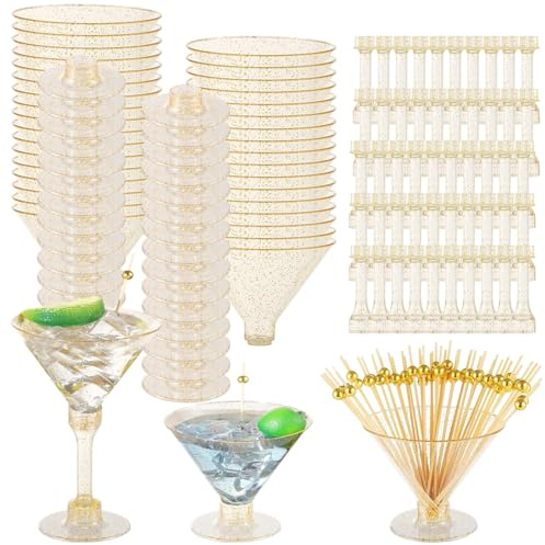 Skdqiee 50 PCS Golden Glitter Cocktail Glasses with Picks, Martini Plastic Cups, Cocktail Glasses for Weddings Parties