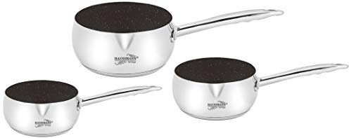 Haussmann Héritage® - Set de 3 Casseroles Inox avec Revêtement Façon Pierre (16/18/20 cm) - Antiadhésif Sans PFOA - Compatible Induction - Fond Triple Épaisseur, Manches Rivetés & Becs Verseurs