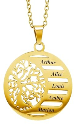 Collier Arbre de Vie Personnalisé (1 à 5 Prénoms) – Pendentif Famille Gravé – Idée Cadeau Femme & Maman – Expédié depuis la France – Finition Dorée ou Argentée