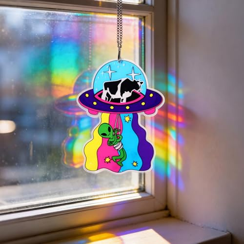 UFO Sun Catch Hanging Decoration, Multicolored Alien UFO Hanging Ornament Light Catcher Decor Perfect Home Suncatcher Decoration for Garden Halloween Christmas Party Gift