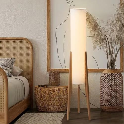 Lampadaire trépied en bois – Abat-jour en lin, lumière E26 à intensité variable pour salon, chambre à coucher, bureau, canapé, salon de thé