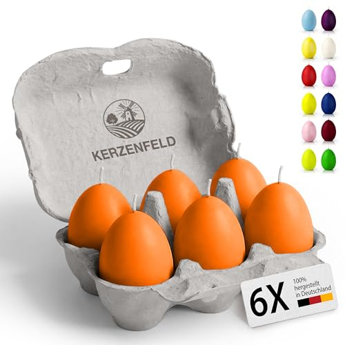 Bunte Eierkerzen 6 Stück, 60 x 45mm hochwertige Osterdeko - Ostereier Kerzen mit 7+ Stunden brenndauer, Made in Germany - Unparfümiert und RAL-Zertifiziert (Orange)