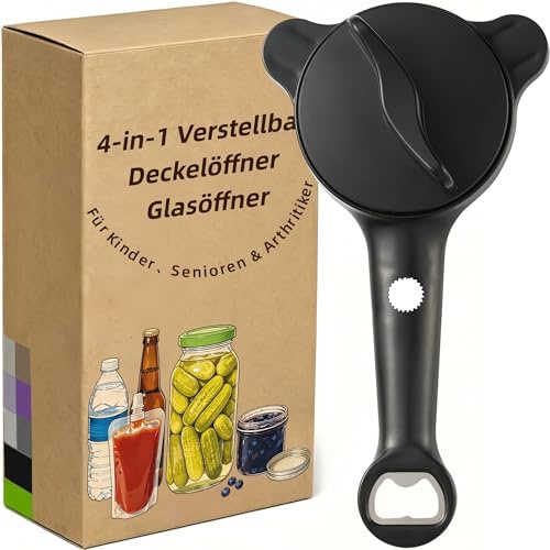 Deckelöffner | 4-in-1 Multifunktions Glasöffner Verstellbar 2.5-9 cm | Für Senioren & Arthritis | Leicht Öffnen von Gläsern, Flaschen & Schraubverschlüssen | Küchenhelfer mit Hebelwirkung (Schwarz)