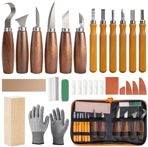HA BIN Kit Intaglio Legno 30 Pezzi, Sgorbie per Legno & Coltelli da Intaglio, Utensili Intaglio Legno con Pietra Affilatura, Cuoio, Guanti e Custodia, Kit Intaglio Legno Principianti Adulti