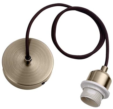 COZZY Ceiling Pendant Light Fitting, Antique Brass Plated E27 Screw Lamp Holder with Ring for Lock Shade, 1000MM Braided Flex, Suspended Pendant Ceiling Rose,82601AB