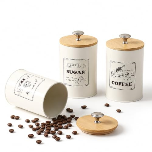 FTISSLY Tea Coffee Sugar Canisters, Set of 3 Tea Coffee and Sugar Canisters | for Home, Kitchen Storage Tins Jars, with Airtight Wooden Lids, Decorative Food Caddy Containers, Easy to Open, 740ml