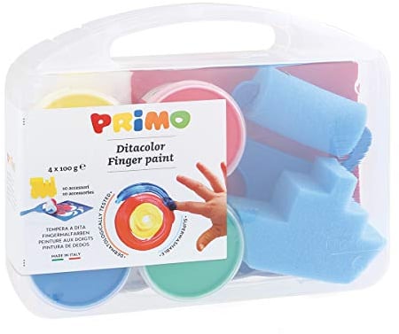 Morocolor Fingermalfarbe in Kunststoffdosen, 4 Farben x 100 g. Mehrzweckkoffer, 6 Schablonen, 1 Schwammrolle, 1 Jumbo PINSEL, 1 Kunststoffunterlage