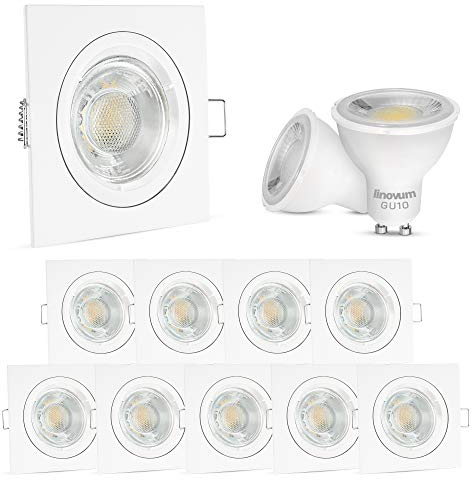 linovum® 10x Einbauleuchte LED Set weiss eckig starr inkl. 2W GU10 LED warmweiss - Leuchtmittel wechselbar - Deckenspot 230V