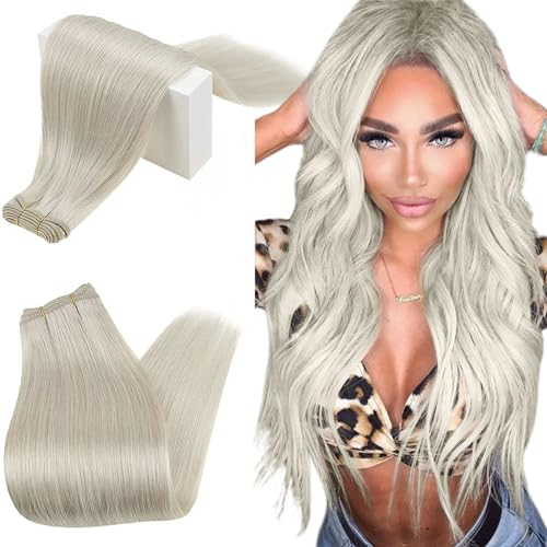 RUNATURE Tressen Extensions Echthaar Weißblond Glatt Remy Haarverlängerung Echte Haare 35cm 100g #800