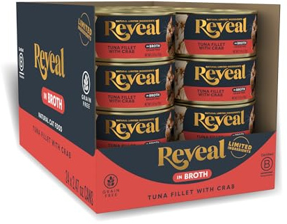 Reveal Natural Wet Canned Cat Food, Limited and Natural Ingredients, Grain Free, High Protein with No Artificial Additives, Tuna with Crab in Broth (24 x 2.47 oz Cans)