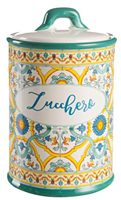 Baroni Home Sucrier en Céramique Décoré, Pot de Rangement de Cuisine avec Couvercle Hermétique pour Sauver l’Arôme, Pot à Sucre Ligne Faïence, 11x11x17 cm