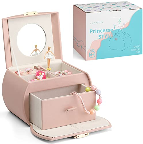 Vlando Spieluhr Ballerina Schmuckkästchen, Abschließbares Schmuckschatulle Mädchen PU Leder mit Schubladen, Schmuckkästchen Kinder, Schmuckbox mit Kanon Melodie, Mädchen Geschenke 6 7 8 Jahre
