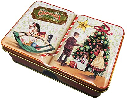 MediMuc Kleine Buchdose Christmas Tree - kleine Aufbewahrungsdose, Keksdose, Blechdose - lebensmittelecht - Vol. 0,67l - Maße: 14,5 x 9,3 x 5,0 cm