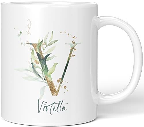 JUNIWORDS Tasse, Violetta, Name Anfangsbuchstabe Initial Alphabet Floral Buchstabe V Monogramm Motiv, Weiß (5487399)