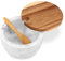 HESHIBI Marble Salt Cellar Box with Wood Lid & Spoon, Modern White Stone Salt or Pepper Sugar Spice Seasoning Bowl Container Jar Holder Well Keeper Dish Pig Crock for Kitchen