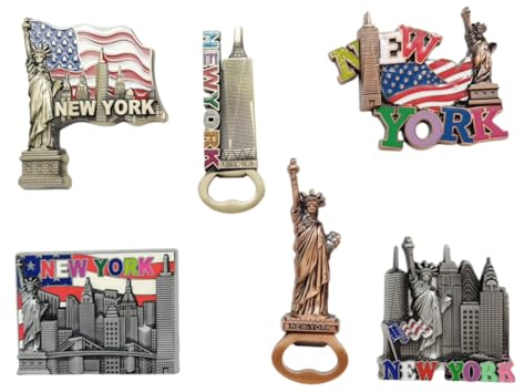 6 Pack Multicolor Bundle NYC Metal Refrigerator Fridge Magnets New York Souvenir Empire State Building, Skylines, Statue of Liberty, Big Apple, USA Flag, Fridge Magnet Bottle Opener (Color May Vary)