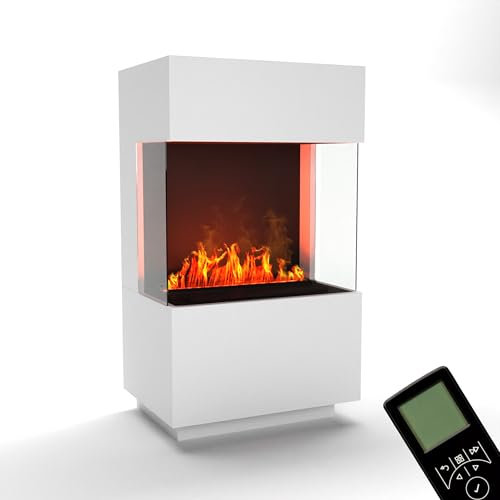 GLOW FIRE Wasserdampf Kamin OGF 1 Mini (Standkamin) - Elektrokamin mit realistischen LED 3D-Flammen, Knistereffekt & Fernbedienung, 55x96x40 cm - Opti-Myst 400 Elektro Kamin, Weiß
