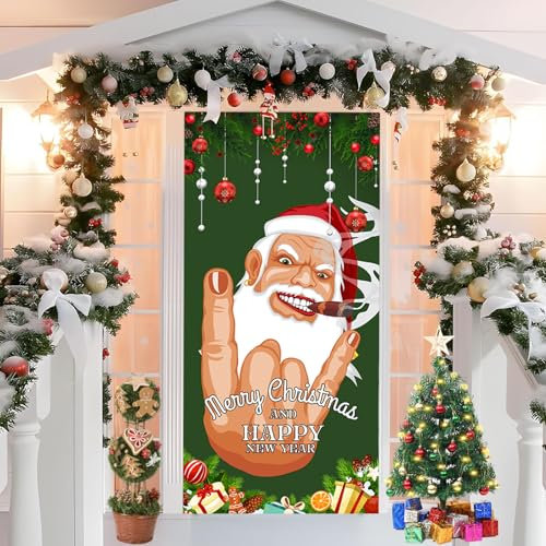 Xmas Party Decorations - Door Cover Banner, Santa Backdrop Photo Booth Props (72.4 x 35.4 Inch)